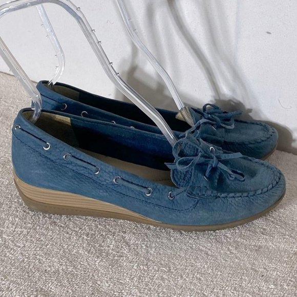 Geox Shoes - Geox Blue Leather Loafers With Mini Wedge Heels 40